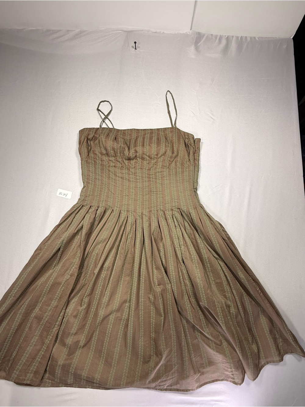 Isaac Mizrahi Olive-Brown Striped Smocked Mini Dress